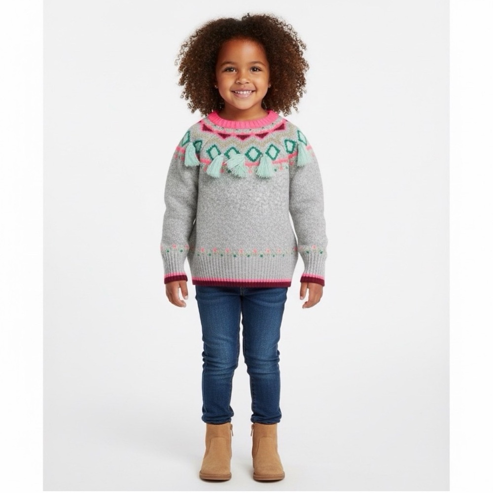 Cat & jack gray sweater, pink collar, pom poms, holiday, festive, Size XS (4/5)‎